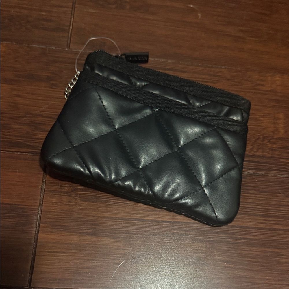 Quilted Black Faux Leather Keychain Card Wallet - 2 Zip Pockets Multiple Cards